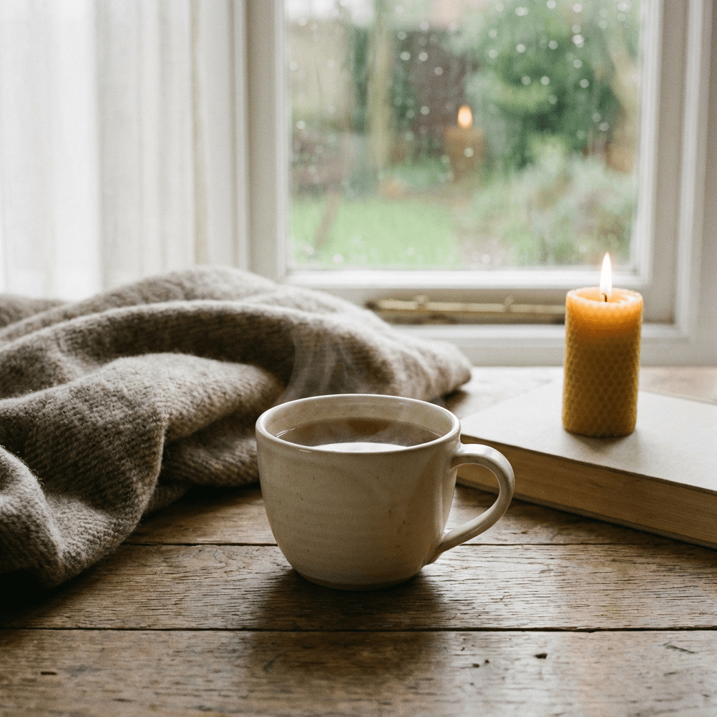 Steaming cup of tea on wooden table with lit candle, closed book, and wool blanket near window showing raindrops outside