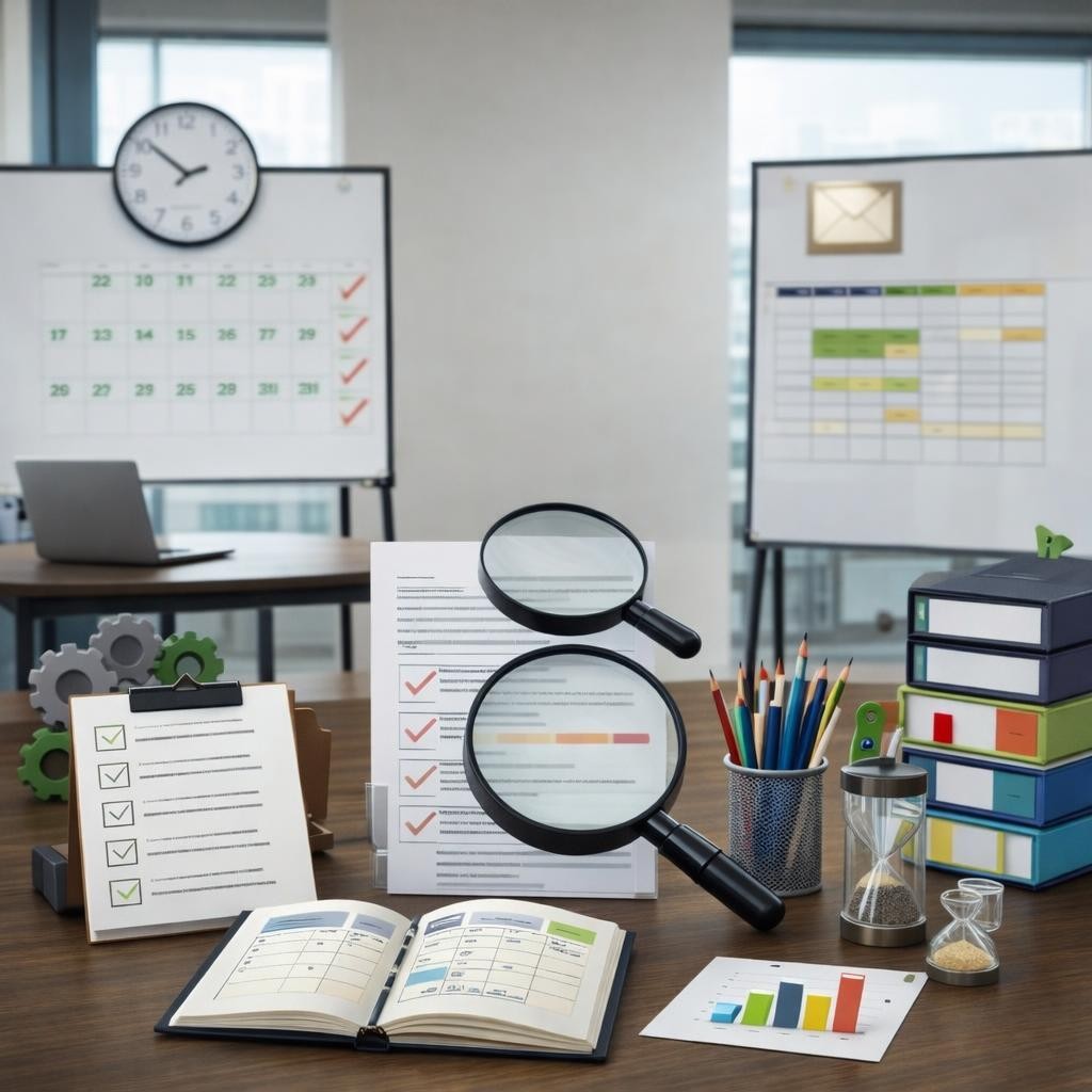 Woman reviewing documents with magnifying glasses amid calendars, charts, and coworkers